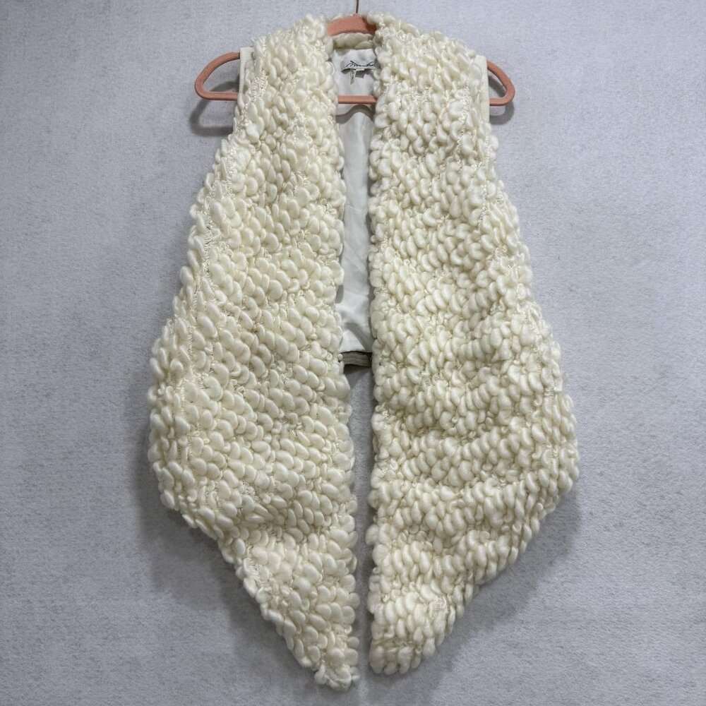 Miha Vest Womens Medium White Wool Loop Knit Collarless Open Front Textured
